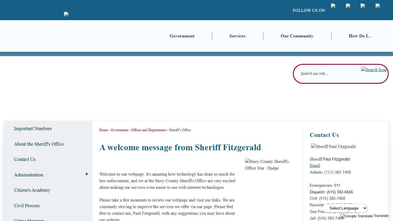 A welcome message from Sheriff Fitzgerald Story County, IA - Official Website